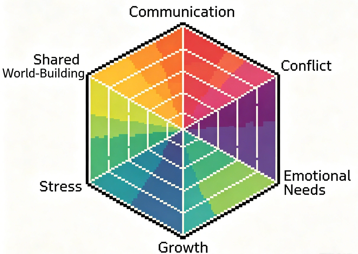 MBTI compatibility test six-dimension analysis framework showing how cognitive functions interact across communication, conflict, emotional needs, growth, stress, and future planning