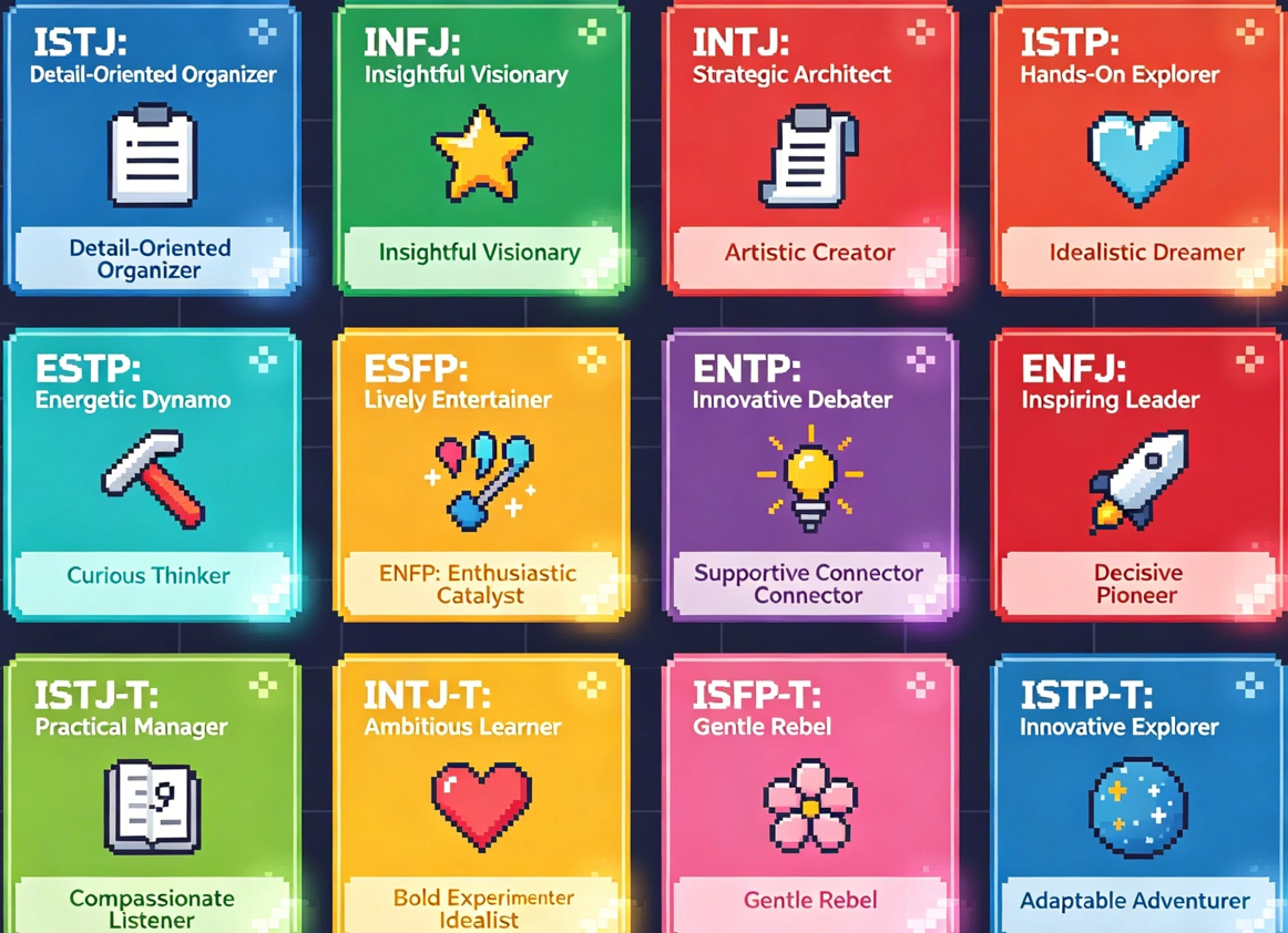 Grid display of all 24 SBTI personality types with colorful emoji icons and descriptive taglines