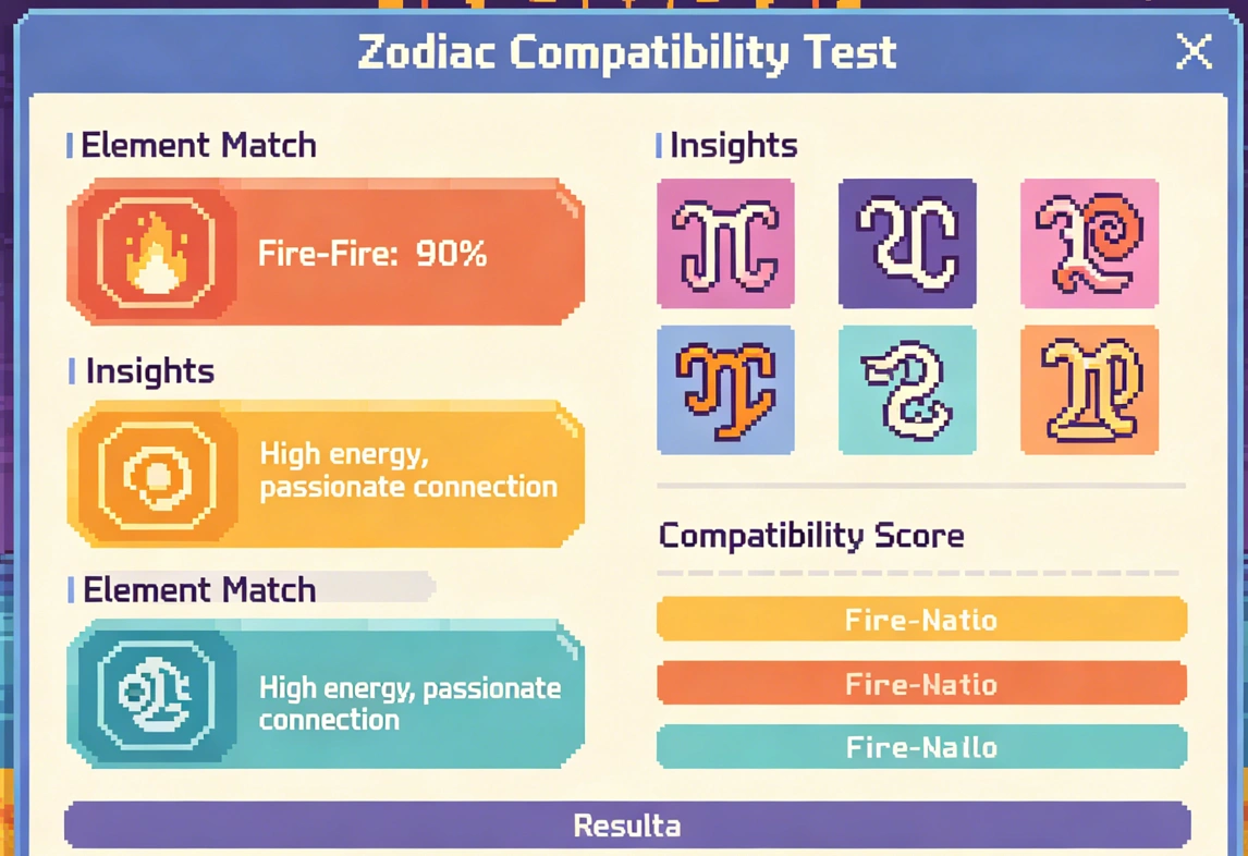 Free zodiac compatibility test results showing element matching and relationship insights